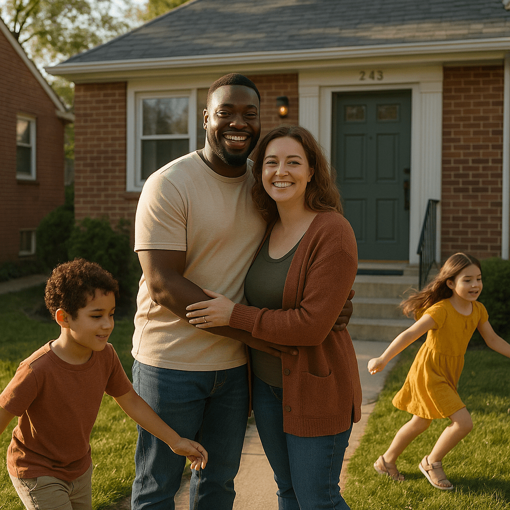 Smiling parents with two children in front of their brick home after successfully resolving mortgage escrow problems