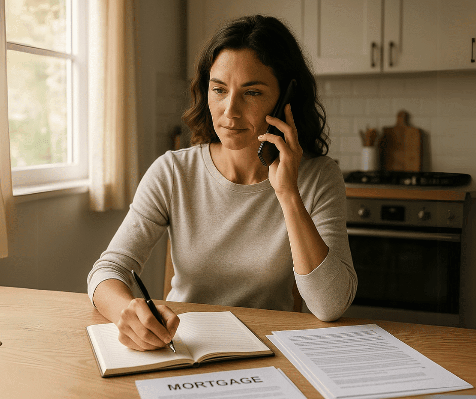 Concerned homeowner on the phone reviewing a mortgage statement and taking notes at her kitchen table.