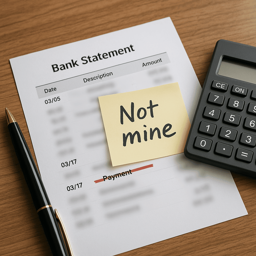 Bank statement with ‘Not mine’ note highlighting fraudulent charge