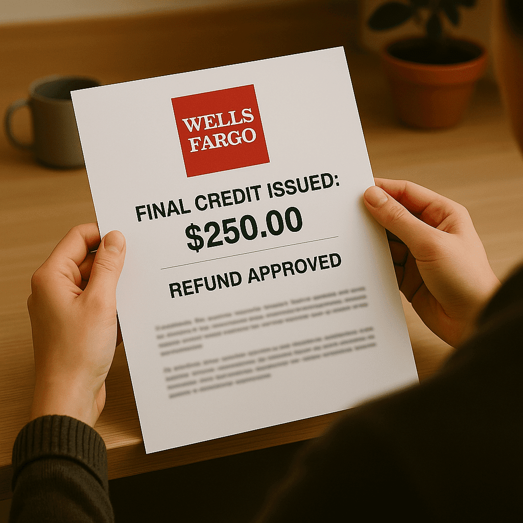 Hands holding a Wells Fargo letter stating ‘Final credit issued – $250 refund approved,’ confirming a successful bank-charge dispute.