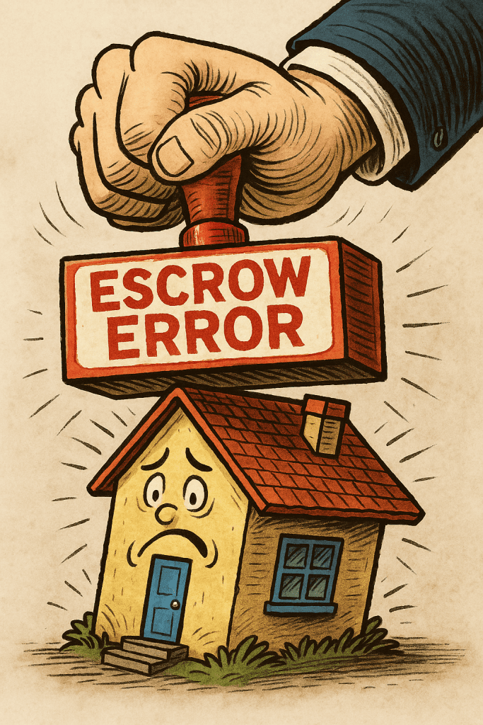 Giant ‘Escrow Error’ stamp crushing a house—bad escrow analysis, payment spike, mortgage servicing mistake risking foreclosure