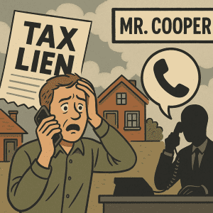 Stressed homeowner calls Mr. Cooper about a surprise tax lien after an escrow mistake—property tax misapplied by mortgage servicer.