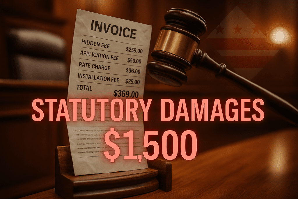udge’s gavel poised over crumpled invoice stamped ‘Statutory Damages $1,500’ under DC CPPA brought by a DC consumer protection lawyer