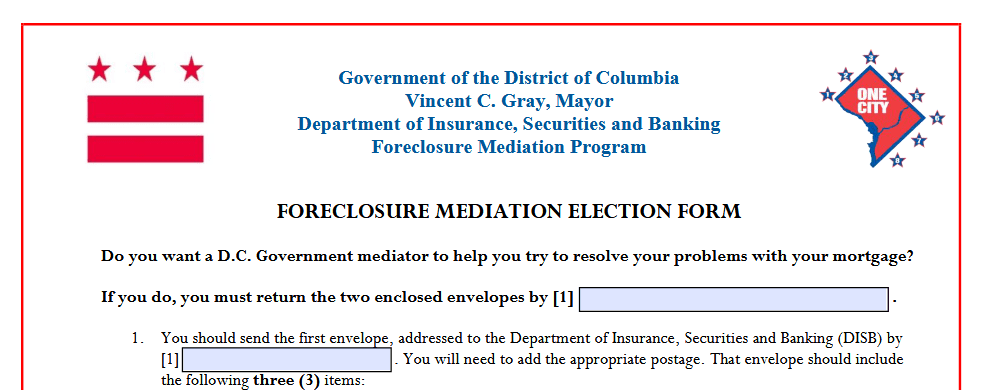 A DC foreclosure mediation form from the DC Department of Insurance, Securities and Banking