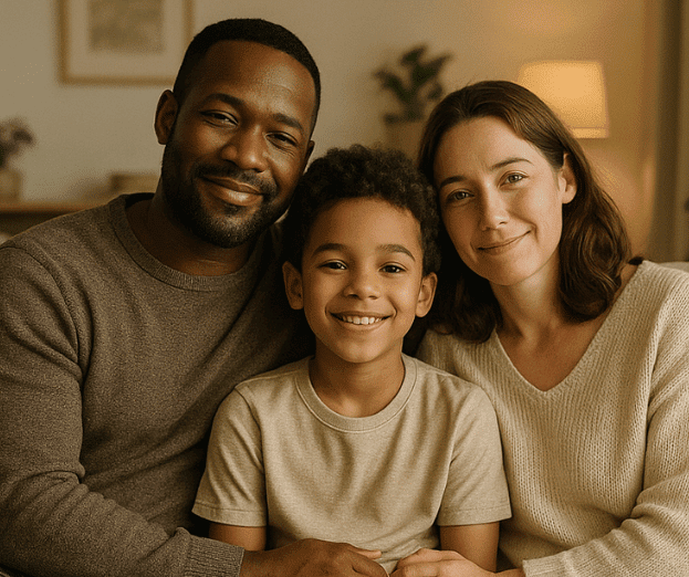 Smiling family sitting together on their sofa, relieved after successfully resolving mortgage errors like misapplied payments.