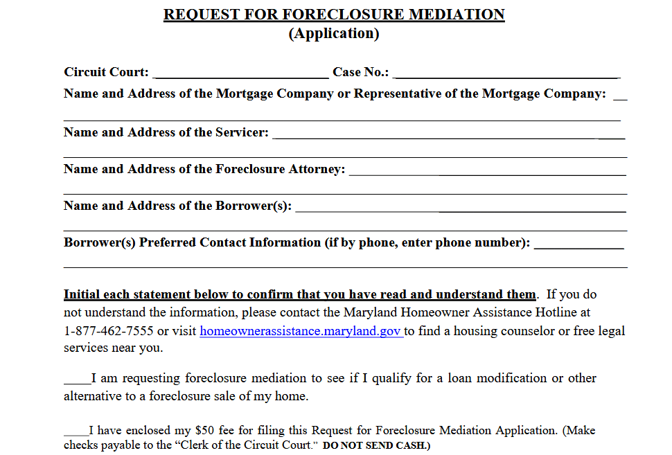 Maryland requests for postfile foreclosure mediation