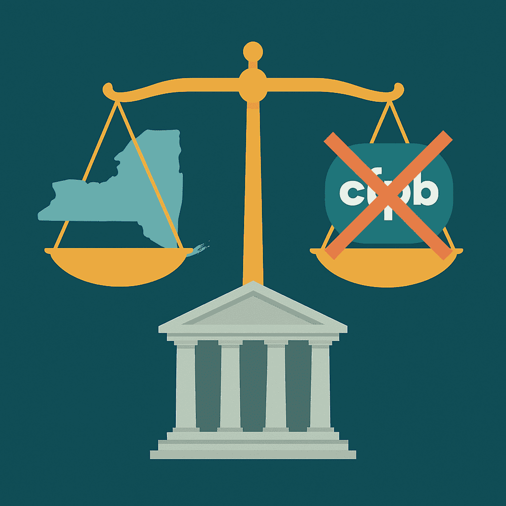 Scales of justice: New York state outweighs a crossed-out CFPB logo — visualizing state action after federal retreat.