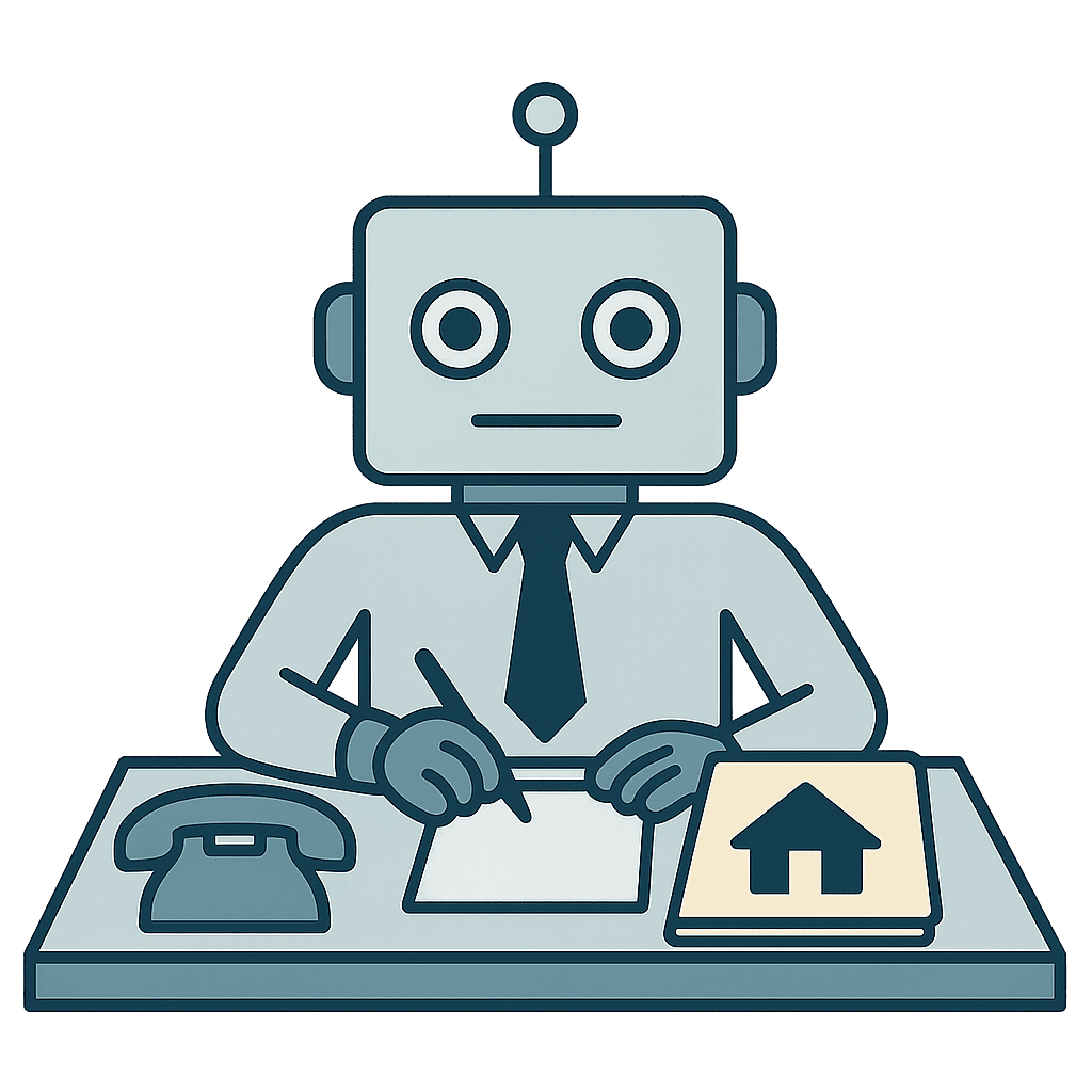 Robot mortgage banker at a desk reviewing a homeowner file—illustrating AI chat support, black-box decisions, and loan-mod guidance risks.