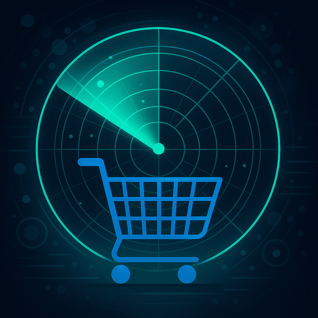 Digital radar scanning a shopping cart, symbolizing surveillance pricing and algorithmic price tracking