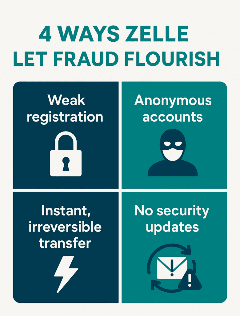 four Zelle design flaws—weak registration, anonymous accounts, instant irreversible transfer, no security updates.