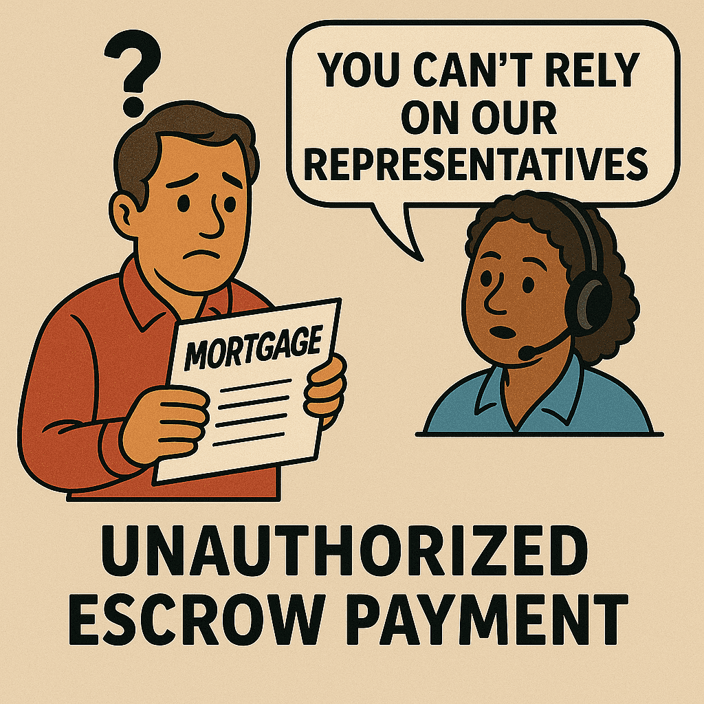 Borrower disputes unauthorized escrow payment; servicer rep says ‘you can’t rely on our representatives’—RESPA and servicing rights.