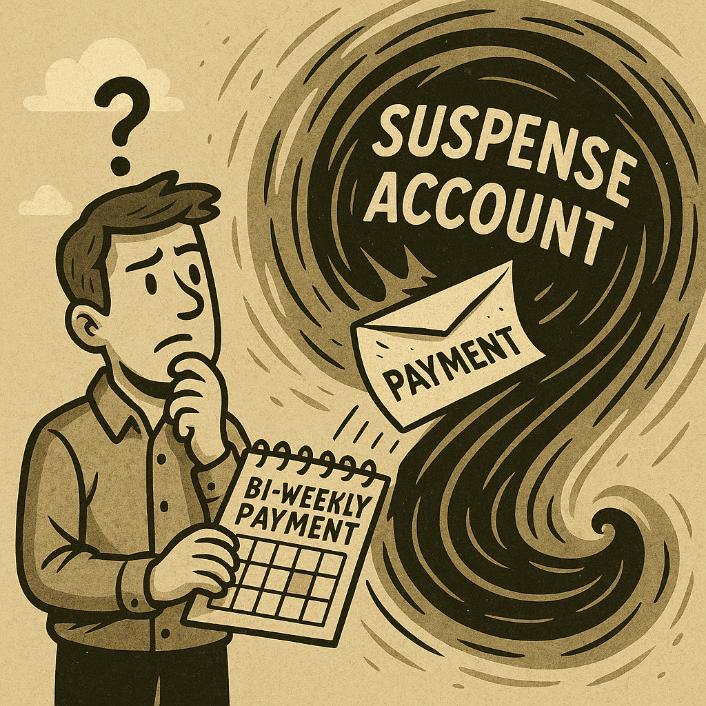 Homeowner’s biweekly mortgage payment pulled into a ‘suspense account’—misapplied payment, mortgage servicing error under RESPA.