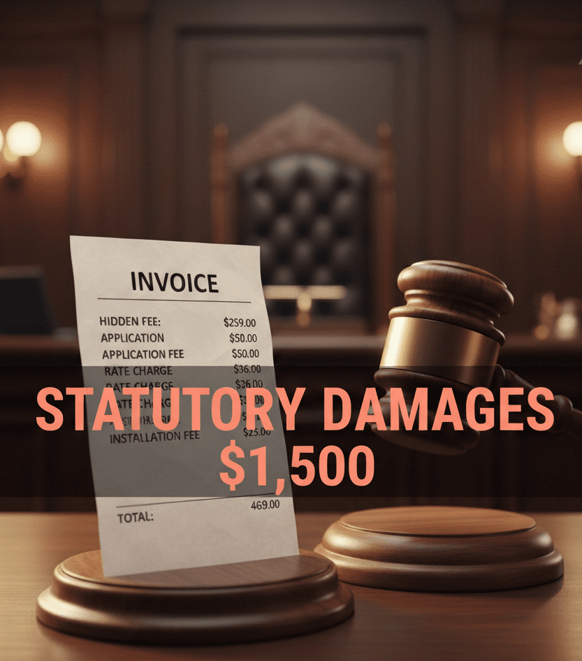 Judge’s gavel poised over crumpled invoice stamped ‘Statutory Damages $1,500’ under DC CPPA brought by a DC consumer protection lawyer