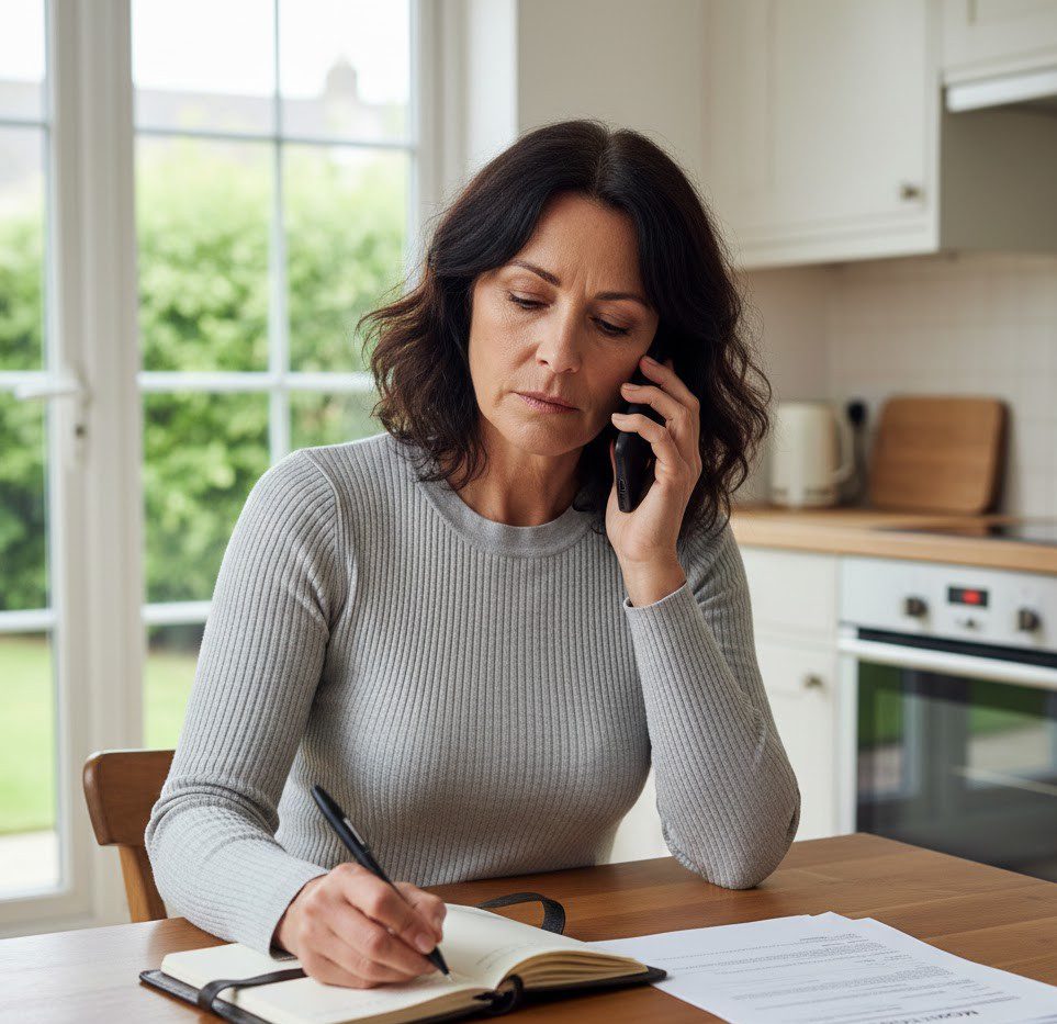 Concerned homeowner on the phone reviewing a mortgage statement and taking notes at her kitchen table.