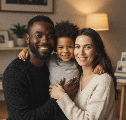 Smiling family sitting together on their sofa, relieved after successfully resolving mortgage errors like misapplied payments.